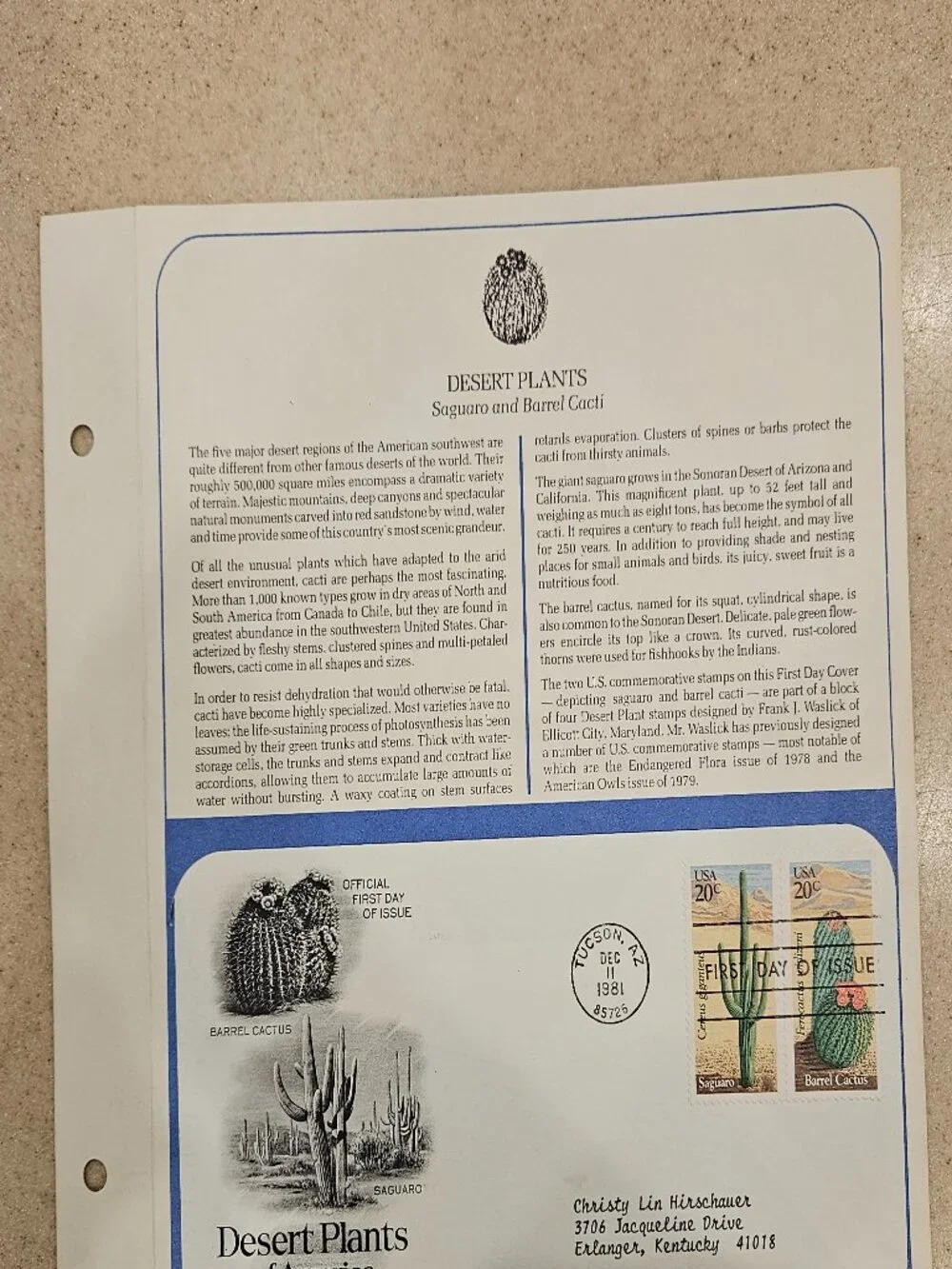 RARE COLLECTIBLE USPS 1ST DAY ISSUE COVER DESERT PLANTS SAGUARO CACTUS STAMP FDC